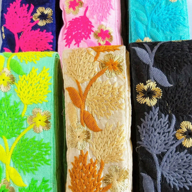 Cyan Blue / Green / Pink / Black /Blue / Beige And Gold Floral Embroidery Trim, Indian Embroidered Trim, Approx. 75mm wide
